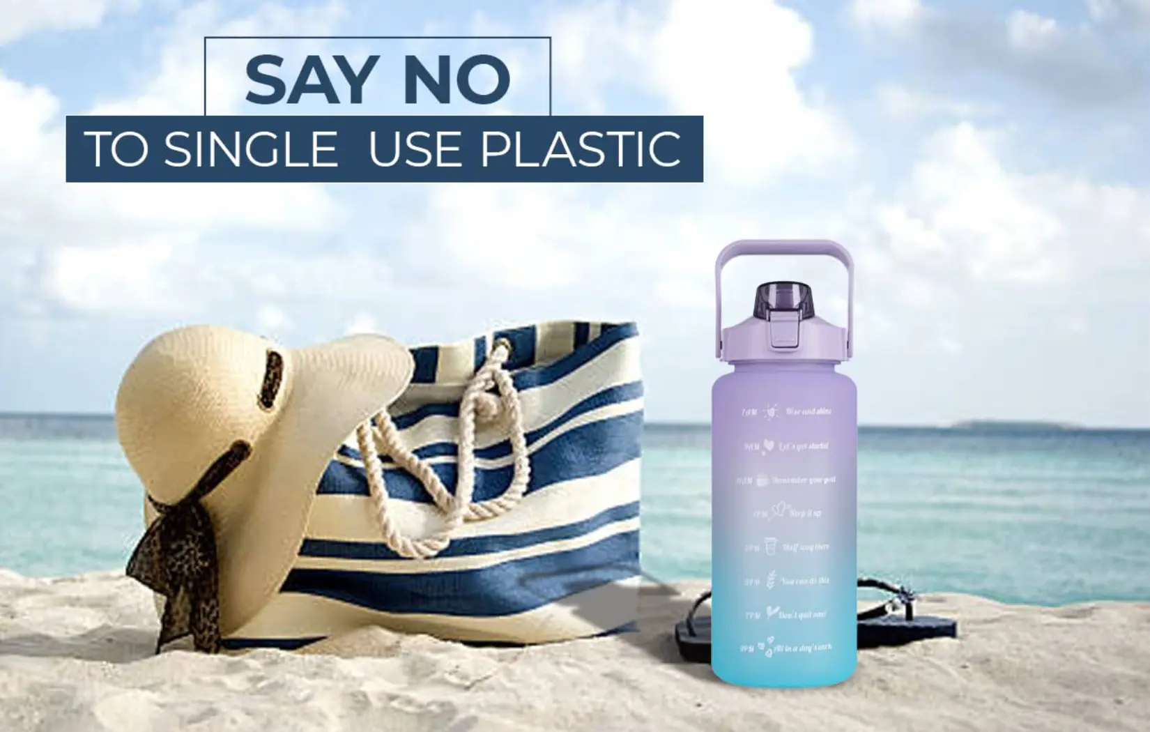 Beach Lifestyle Image – Reusable Water Bottle by Digital Marketing 401 Agency Mississauga Reusable water bottle placed on a beach beside a striped tote and sunhat—shot by Digital Marketing 401 Agency Mississauga for Amazon Product Photography Mississauga.