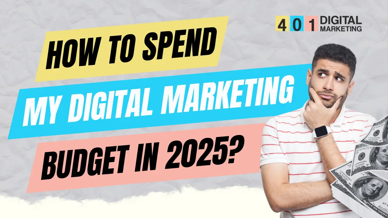Confused man holding cash with bold text reading "How to Spend My Digital Marketing Budget in 2025?" by Digital Marketing 401 Agency Mississauga.