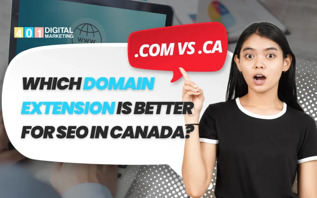 Person pointing at .COM vs .CA graphic explaining COM vs .CA Which Domain Extension is Better for SEO in Canada, by Digital Marketing 401 Mississauga.