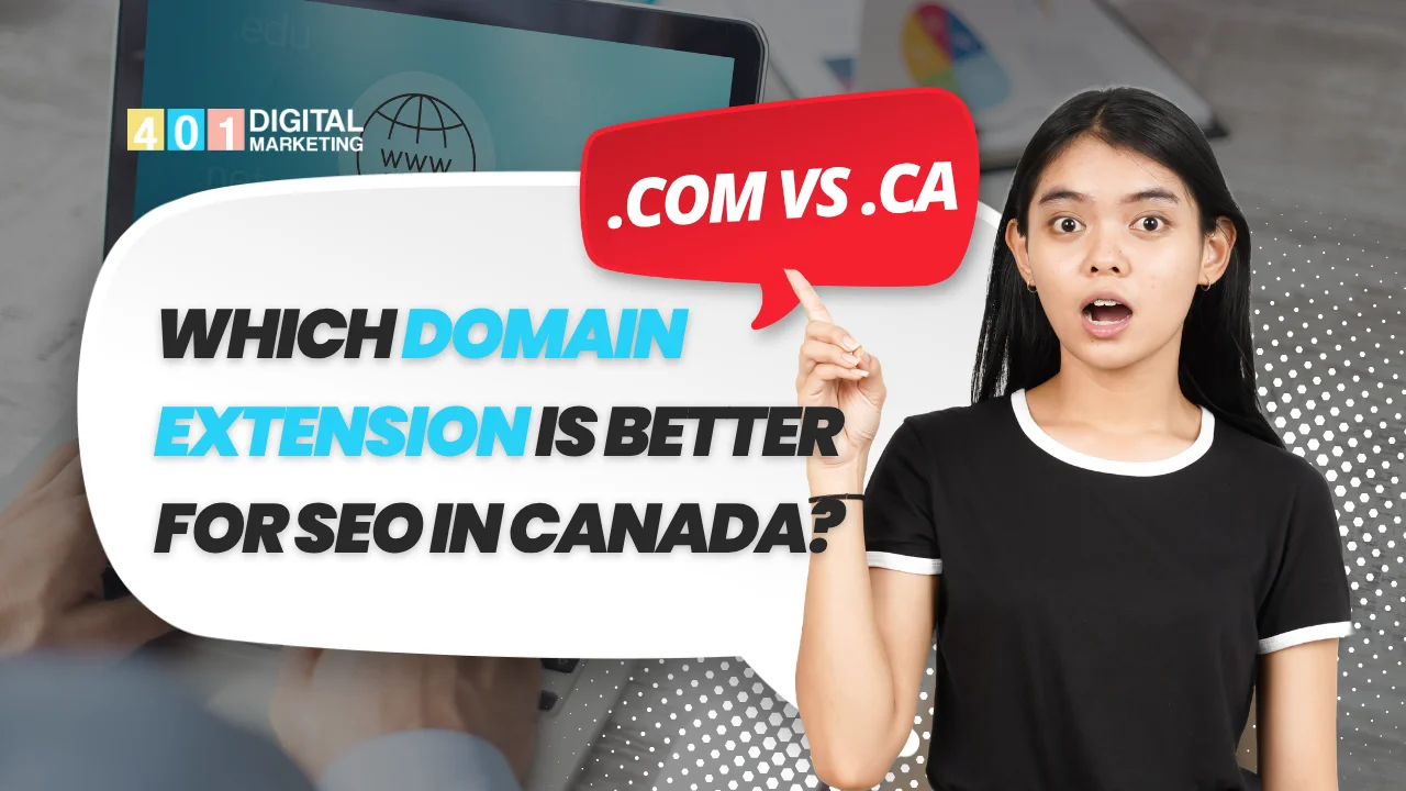 Person pointing at .COM vs .CA graphic explaining COM vs .CA Which Domain Extension is Better for SEO in Canada, by Digital Marketing 401 Mississauga.