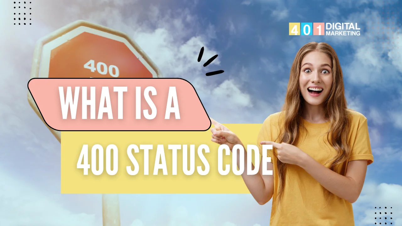 Woman pointing at 400 error sign explaining What is a 400 Status Code, presented by Digital Marketing 401 Mississauga for website error understanding.