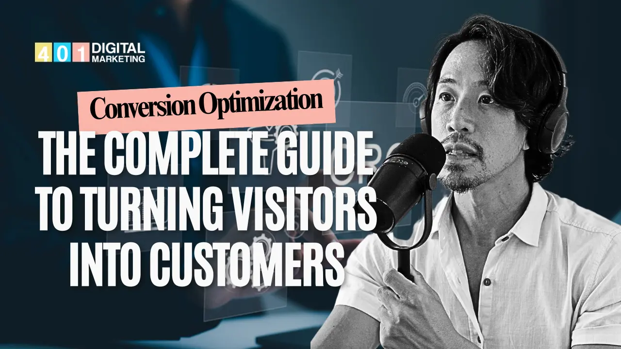 Person speaking into a microphone discussing Conversion Optimization The Complete Guide to Turning Visitors into Customers, by Digital Marketing 401 Mississauga.