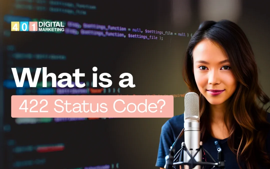 Woman speaking into a microphone with coding background explaining What is a 422 Status Code, by Digital Marketing 401 Mississauga.
