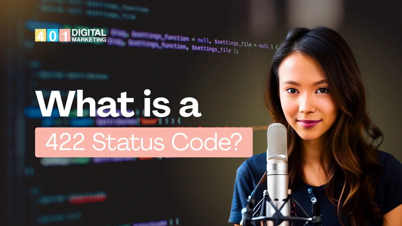 Woman speaking into a microphone with coding background explaining What is a 422 Status Code, by Digital Marketing 401 Mississauga.