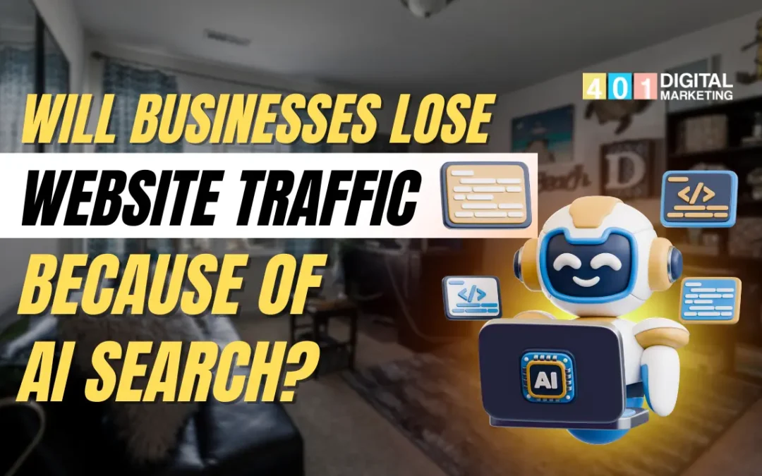 AI robot illustration discussing Will Businesses Lose Website Traffic Because of AI Search, presented by Digital Marketing 401 Mississauga.