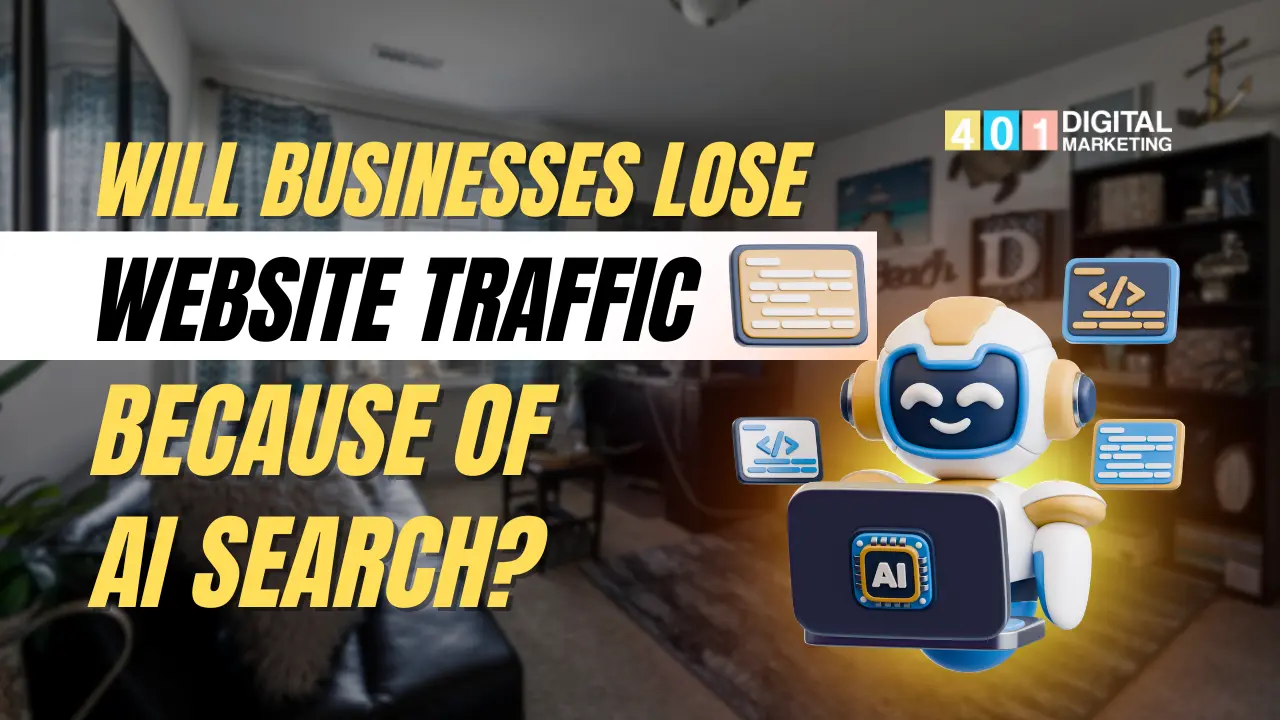 AI robot illustration discussing Will Businesses Lose Website Traffic Because of AI Search, presented by Digital Marketing 401 Mississauga.